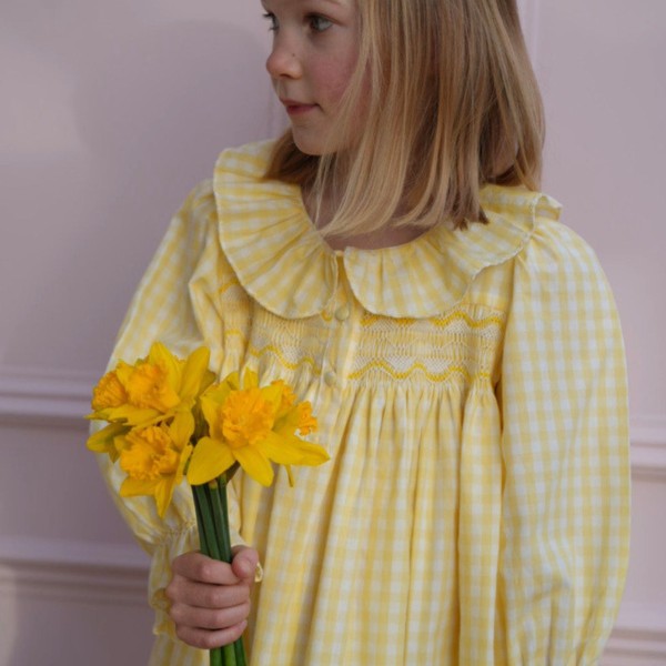 Nightingale Girl's Dress Primrose Gingham with Daffodil Hand Smocking Nightingale Girl's Dress Primrose Gingham with Daffodil Hand Smocking