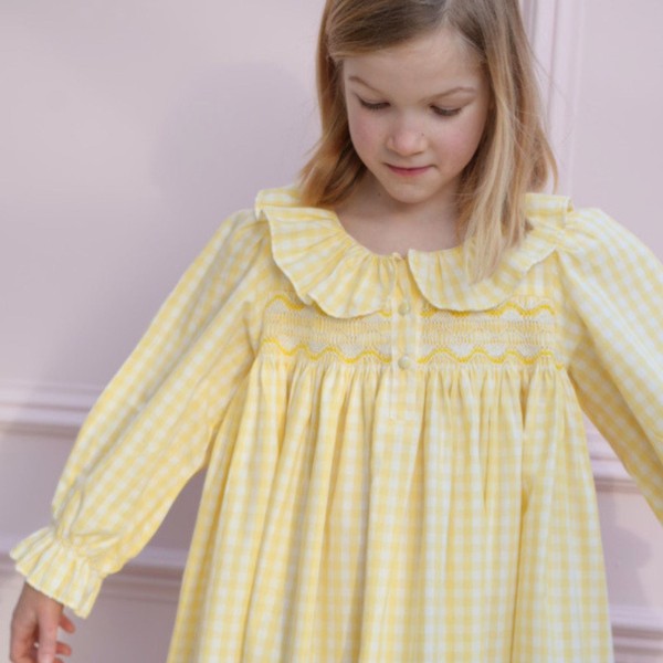 Nightingale Girl's Dress Primrose Gingham with Daffodil Hand Smocking Nightingale Girl's Dress Primrose Gingham with Daffodil Hand Smocking