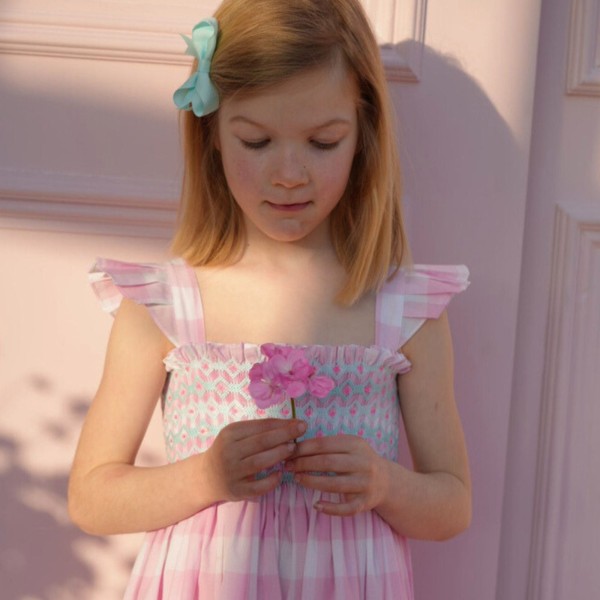 Rachel Carson Girls Dress Candy Floss Gingham with Spearmint Hand Smocking
