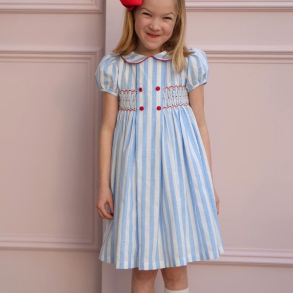 Thatcher Dress Sailor Stripe with White Heart Hand Smocking Thatcher Dress Sailor Stripe with White Heart Hand Smocking