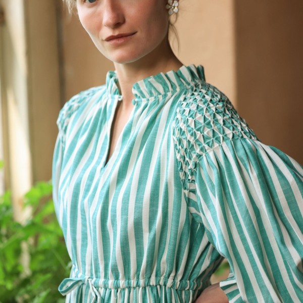 Aloha Wanderwell Dress Wimbledon Stripe with White Honeycomb Hand Smocking Aloha Wanderwell Dress Wimbledon Stripe with White Honeycomb Hand Smocking