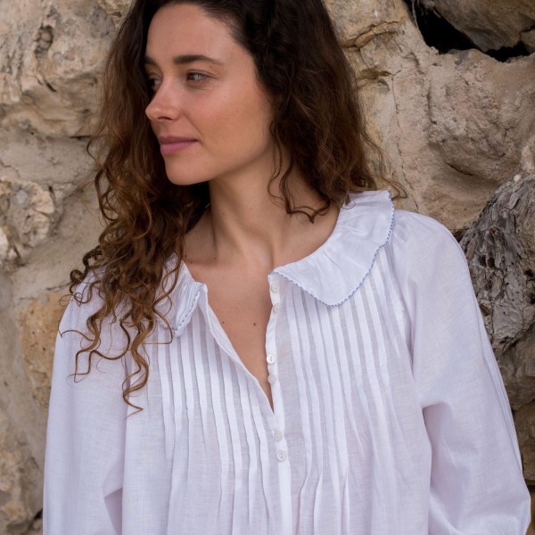 Bessie Coleman Women's Dress Moonstone Cotton with Cornflower Hand Smocking Bessie Coleman Women's Dress Moonstone Cotton with Cornflower Hand Smocking