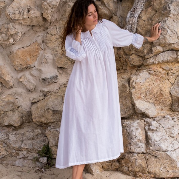 Bessie Coleman Women's Dress Moonstone Cotton with Cornflower Hand Smocking Bessie Coleman Women's Dress Moonstone Cotton with Cornflower Hand Smocking
