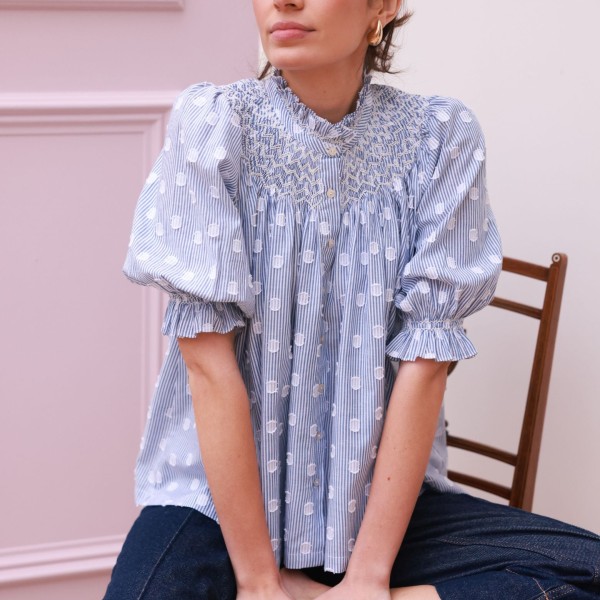 Scholl Blouse Bubble Weave Cotton with Double Cream Hand Smocking Edition 60 Scholl Blouse Bubble Weave Cotton with Double Cream Hand Smocking Edition 60