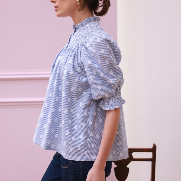Scholl Blouse Bubble Weave Cotton with Double Cream Hand Smocking Edition 60 Scholl Blouse Bubble Weave Cotton with Double Cream Hand Smocking Edition 60
