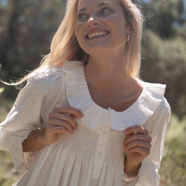 Nightingale Women's Dress Cloud Puff Plumetti with Ivory Hand Smocking