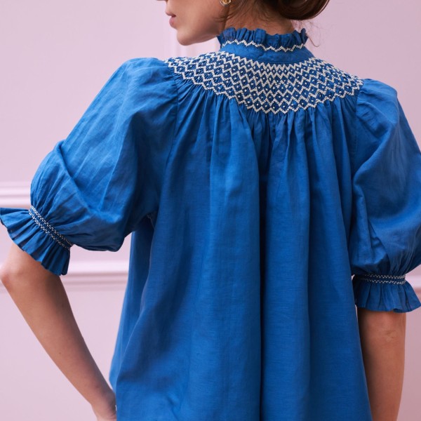 Scholl Blouse Cobalt Linen with Vanilla Hand Smocking Edition 54