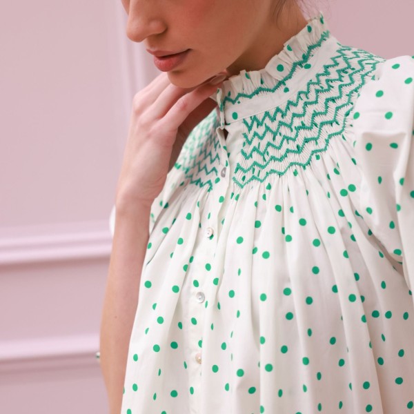 Scholl Blouse Frog Polka cotton with Jade Hand Smocking Edition 59 Scholl Blouse Frog Polka cotton with Jade Hand Smocking Edition 59