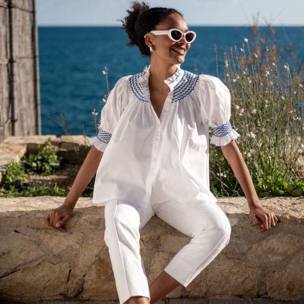 Scholl Women's Summer Blouse White with Sapphire Hand Smocking Scholl Women's Summer Blouse White with Sapphire Hand Smocking