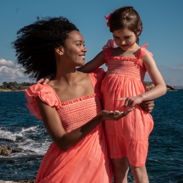 Wallis Simpson Dress Coral Dreams Organdie with Chantilly Hand Smocking Wallis Simpson Dress Coral Dreams Organdie with Chantilly Hand Smocking